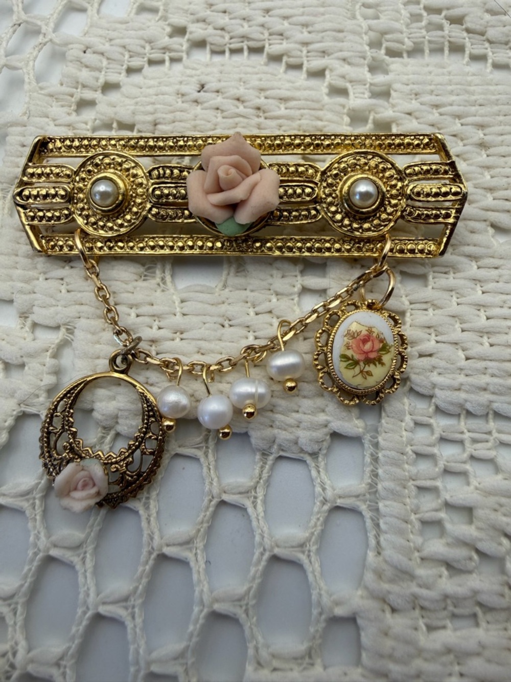 Pink Carved Rose Bar Brooch Faux Pearls Faux Cameo Charms